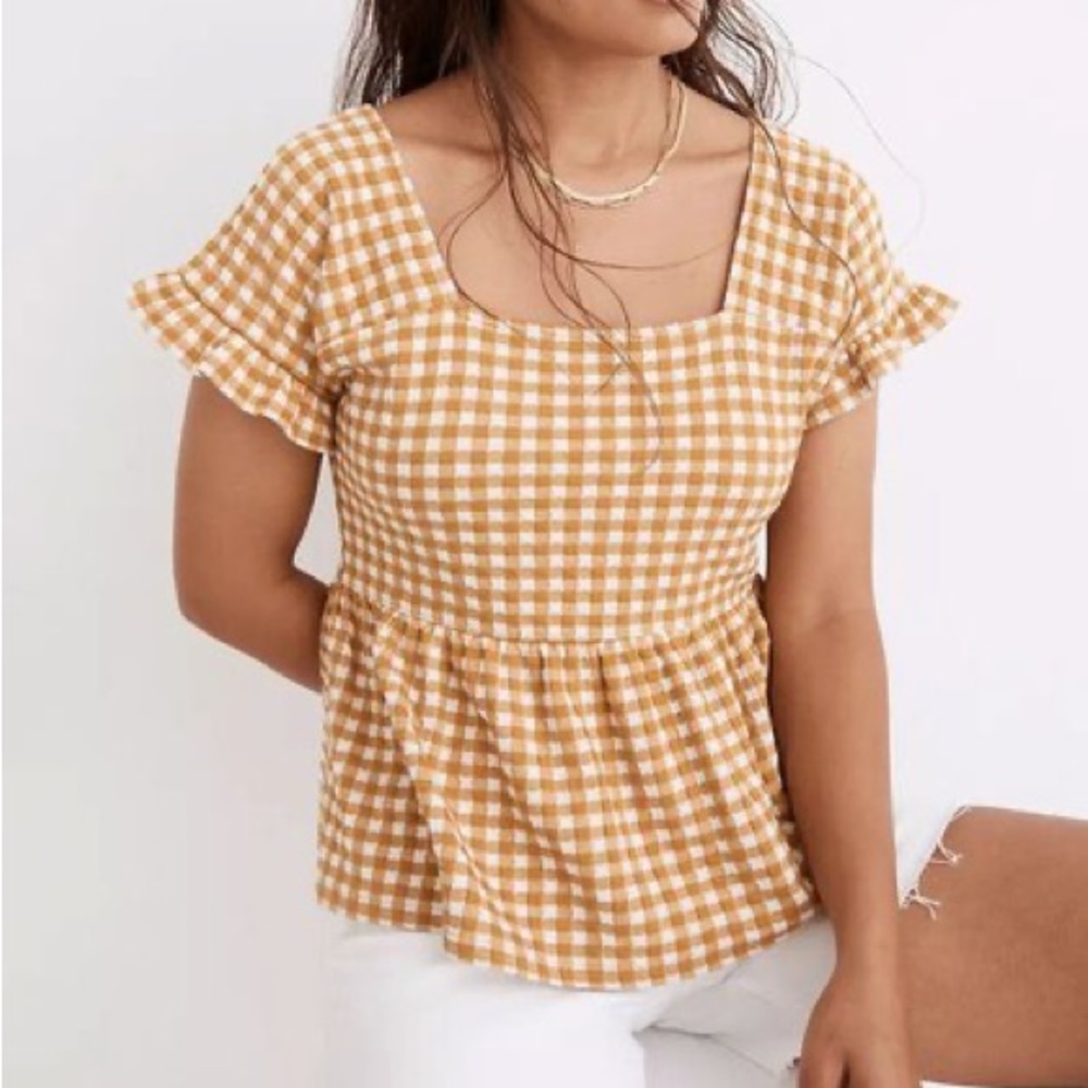 Madewell • Antique Gold & White Gingham Ruffle-Hem Square Neck Top